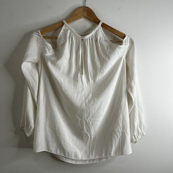 Ramy Brook Blouse Womens M/L White Cold Shoulder Lace Trim Long Sleeve Top - Picture 1 of 11
